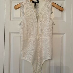 BCBGMaxAzria White Lace Tie-Front Bodysuit